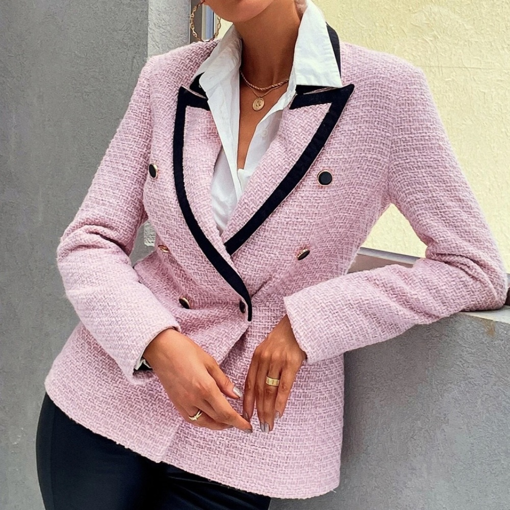 Baby Pink & Black Satin Womens  Tweed Blazer